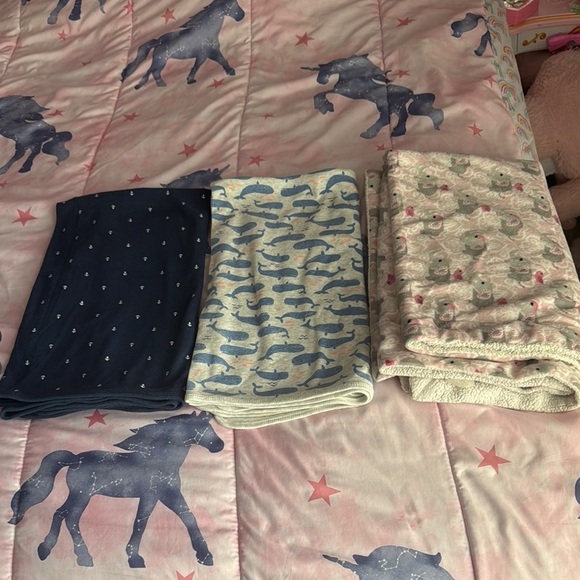 3 Navy, Blue, and Cream Whale Print baby Blankets - Picture 1 of 8